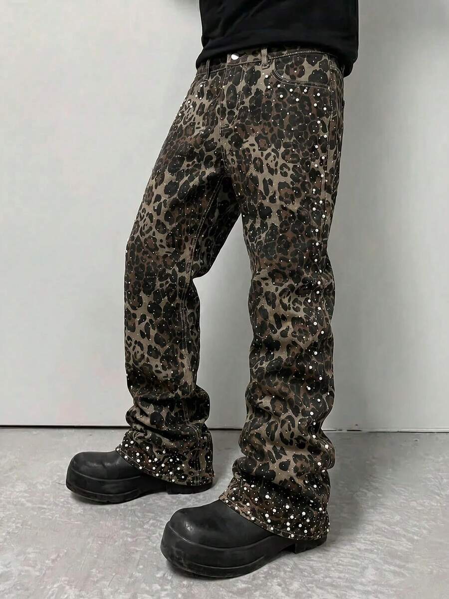 ROMWE MEN Jeans de mezclilla con capas y estampado de leopardo con strass brillante para hombre - Albaricoque - Ver 1