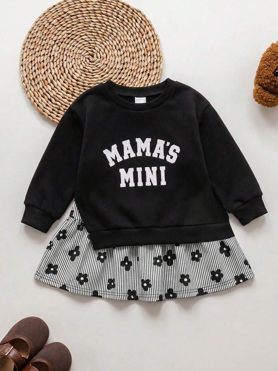 Vestido 2 en 1 con estampado floral a rayas y patchwork para niñas jóvenes - Negro - Ver 1
