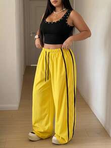Maweii Plus Size Women's Drawstring Waist Colorblock Casual Versatile Everyday Travel Long Pants Fall - Yellow - View 4