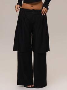 MUSERA Black Double Layer Pleated Wide Leg Trousers Pants Summer Holiday Ibiza Festival Black Lotus - Black - View 2