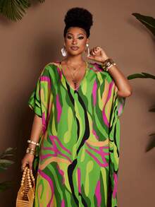 Maweii Plus Size Women's Loose Casual Vacation Sexy Vacation Print Short Sleeve Long Plus Size Dress - Multicolor - View 4