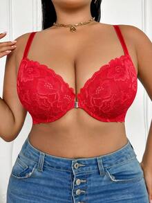 SHEIN Sutiã Plus Size com Aro, Renda Sexy, Fechamento Frontal e Push Up, 1 Peça - Vermelho - Visão 5
