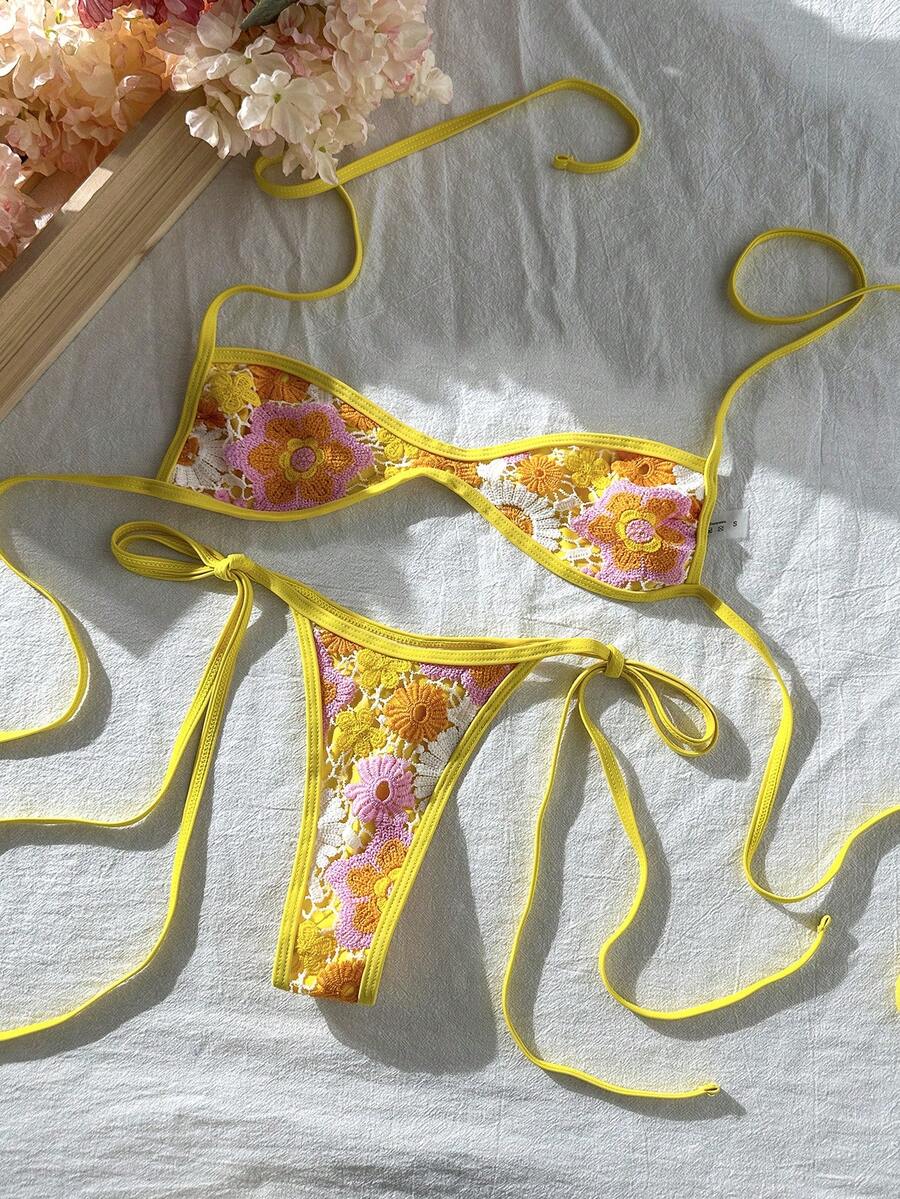 Elavelle Swim MOD 2件套彩色花卉纹理挂脖抹胸比基尼上衣和侧系带泳裤性感女士泳装套装,春夏款 - 彩色 - 查看 1