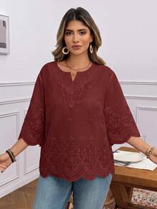 SHEIN LUNE Plus Size Women's Floral Embroidered Pattern Casual Daily Wear Shirt - Brown - View 4