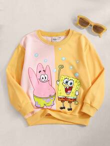 SpongeBob SquarePants | SHEIN 男童休闲卡通图案拼色圆领长袖宽松套头衫 - 彩色 - 查看 1