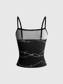 ROMWE Dark Gothic Punk Thorn Print Fitted Cami Top & Ultra Low Waist Mini Shorts 2 Pieces Set - Black - View 7