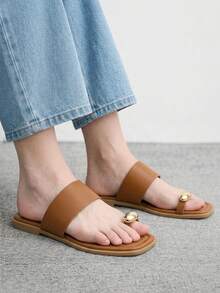 CUCCOO BIZCHIC Women Shoes Multi-Colored Leather Metal Finger Buckle Square Toe Flat Bottom Fresh Casual Style Suitable For Daily Travel Beach Wear - Brown - View 3