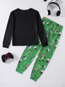 SHEIN Set Piyama Anak Laki-Laki Remaja Pas Badan Motif Dinosaurus Blok Warna Leher Bulat Lengan Panjang Celana Panjang Kasual Nyaman 2 Potong - MultiWarna - View 2