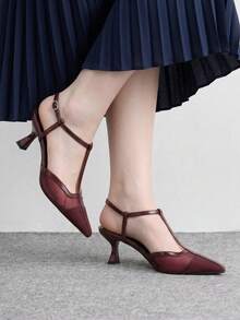 CUCCOO BIZCHIC 法式復古尖頭網布 T 型帶扣小貓跟女鞋 氣質百搭通勤女高跟鞋 - 酒紅色 - 查看 3