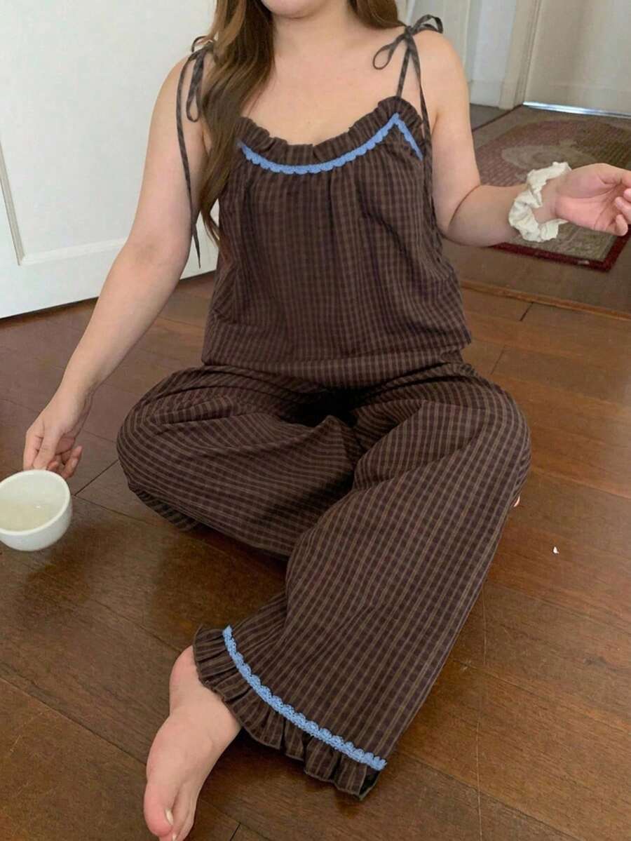 Dazy Plus Fashionable Plaid Colorblock Patchwork Cute Camisole Top And Long Pants Brown Spring Summer Autumn Pajama Set - Brown - View 1