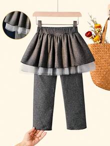 Elladie kids 1pc Girls Spring/Autumn 2026 New Solid Color 2 In 1 Mesh Cake Skirt Leggings, Soft Skin-Friendly Elastic Long Pants For Outings, Versatile - Grey - View 3