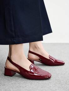 CUCCOO BIZCHIC 女款方跟酒紅鏡面時尚簡約高跟鞋 後扣帶款 度假穿搭 百搭舒適 通勤穿著 老錢風女鞋 - 酒紅色1 - 查看 5