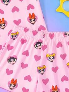 THE POWERPUFF GIRLS X SHEIN 青少年女孩全印花短袖上衣與短褲休閒日常居家睡衣套裝 - 粉色 - 查看 4