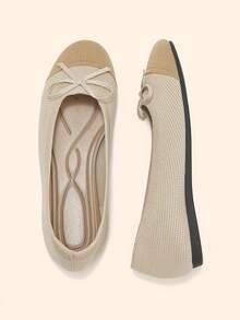 CUCCOO BASICS Women's Round Toe Flat Sole Shoes Knitted Breathable Toe Bow Low Vamp Shoes Gentle And Simple Style Commuting Slouchy Versatile Fashion Shoes - Beige - View 5