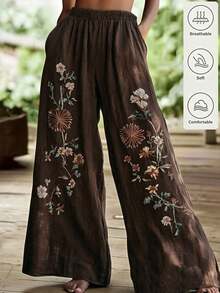 Zayélia Women's Summer Casual Daily Comfortable Floral Print Coffee Color Loose Long Pants - Coffee Brown - View 3
