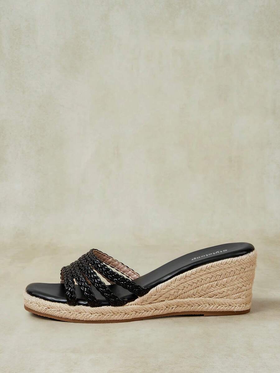 Styleloop Women's Hemp Rope Straw Weave Wedge Heel Black Weave Women's Weave Heel Sandals Hemp Rope Shoes Boho Music Festival Suitable For Going Out On Vaca - Black - View 1