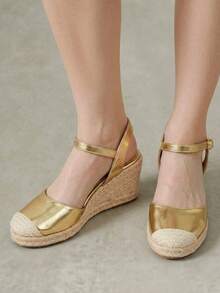 Styleloop أحذية نسائية، بني، أحذية من القش وحبل القنب مطرزة بالزهور، صنادل بكعب إسفين ومنصة، ملابس بوهيمية للعطلات تعزز الطول - الذهبي - مشاهدة 4