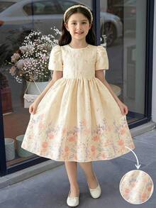 SHEIN Elladie kids 女童圓領短袖百褶滿版印花優雅花童夏季婚禮禮服 - 白色 - 查看 1