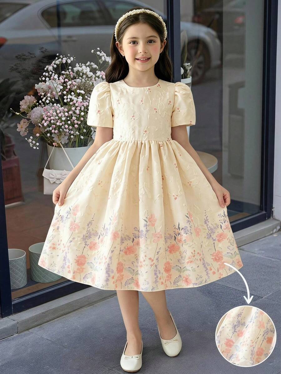 SHEIN Elladie kids 女童圓領短袖百褶滿版印花優雅花童夏季婚禮禮服 - 白色 - 查看 1