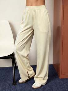 CourtClass CourtClass Pantalones deportivos de mujer con rayas, cintura elástica, pierna recta y ajuste holgado - Amarillo claro - Ver 3