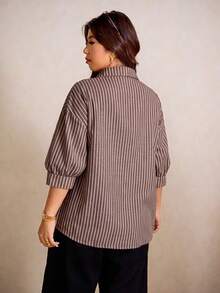 Elaquor Plus Size Casual Commuter Striped Shirt - Brown - View 3