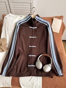 Comfortcana Plus Size Women's Casual Vintage American Style Brown Thin Jacket With Frog Buttons, Suitable For Daily Wear Fall - Brown - View 4
