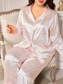 MuseNap CURVE Solid Color Contrast Lace Front Button Lapel Long Sleeve Pants Plus Size Women's Pajama Set - Baby Pink - View 6