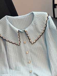 Franclia New Arrival Colorblock Cute Puff Sleeve Women Blouse - Blue - View 5