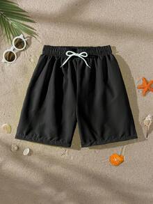 SHEIN Shorts de baño con cordón en la cintura de color liso para adolescentes - Negro - Ver 6
