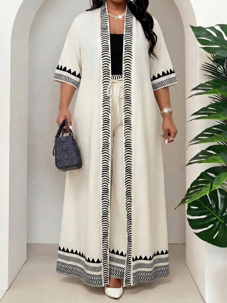 SHEIN Lady 大尺碼女款幾何印花開襟短袖上衣與長褲休閒日常兩件套 - 彩色 - 查看 1