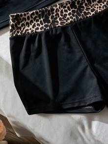 SHEIN 女孩豹紋與黑條紋針織套裝，夏季背心與短褲，休閒運動風兩件套，適合青少年女孩 - 黑色 - 查看 6