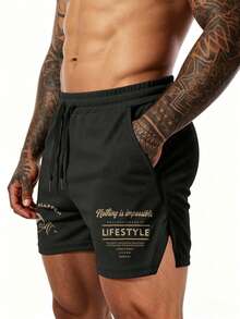 GymBeat Men's Letter Print Drawstring Waist Pocket Sports Shorts - Black - View 5