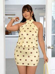 GalTyme 大尺碼女款春夏波點印花百褶掛脖洋裝 - 彩色 - 查看 6