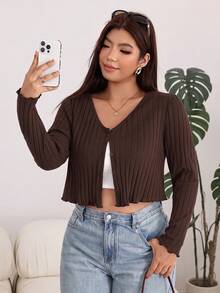 Solflare Chocolate Brown Front Button Cropped Plus Size T-Shirt - Chocolate Brown - View 4