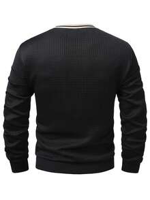 EGENSIO Men's Knitted Jacquard Solid Color Textured Collar & Cuff Flat Hem Ribbed Chest Patch Pullover Sweatshirt - Apricot - View 2