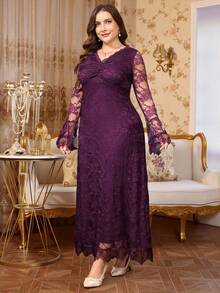 Reflora Plus Size Elegant Party Formal Evening Solid Color Lace Dress Autumn Wedding Purple Fall - Purple - View 6