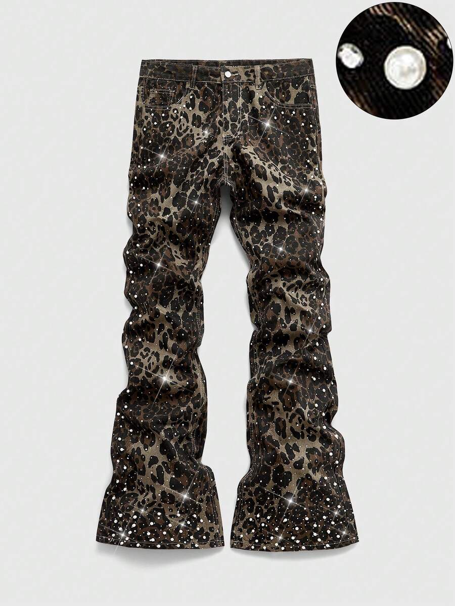 ROMWE MEN Men's Sparkling Rhinestone Leopard Print Layered Denim Jeans - Apricot - View 1