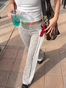 Muchica 復古街頭風白色豹紋拼色條紋女款休閒拼接百搭日常長褲 - 彩色 - 查看 5