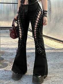 Grunge Punk ROMWE X Lorella Spring/Summer Black Y2K Baddie Hollow Eyelets Lace-Up Decor Ultra Low Rise Skinny Super Low Waist Flare Jeans - Black - View 1