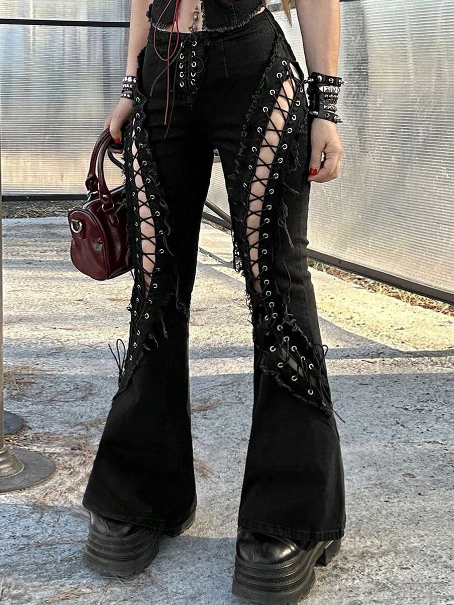 Grunge Punk ROMWE X Lorella Spring/Summer Black Y2K Baddie Hollow Eyelets Lace-Up Decor Ultra Low Rise Skinny Super Low Waist Flare Jeans - Black - View 1