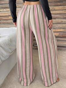 Dazy Plus Plus Size Women's Solid Color Elastic Waist Loose Drawstring Straight Leg Pajama Pants Fall - Pink - View 2