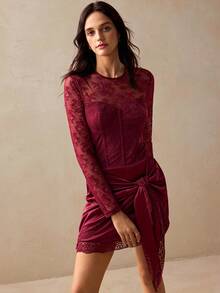 Willow Rêve Vestido de mujer con patchwork de encaje, plisado de espina de pescado y lazo, Vestidos Dor Holiday, Vestido elegante, Vestidos de club, Vestidos de graduación, Vestido de invitada de boda - Burdeos - Ver 7