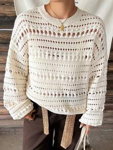 Dazy Plus Solid Color Loose Hollow Out Long Sleeve Casual Vacation Streetwear Autumn/Winter Pullover Knit Sweater - White - View 7