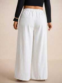 Elaquor Plus Size Casual Versatile Solid Color High Waist Wide Leg Jeans - White - View 4