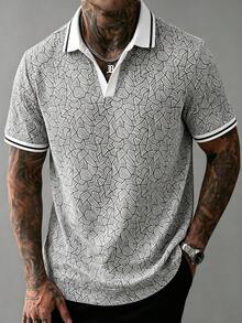 Marvello Homme 男士蓝色几何纹理V领撞色滚边Polo短袖针织衫 - 黑色 - 查看 1