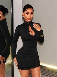 BamGleam Women's Lace Patchwork Hollow Out Fitted Mini Dress - Black - View 4