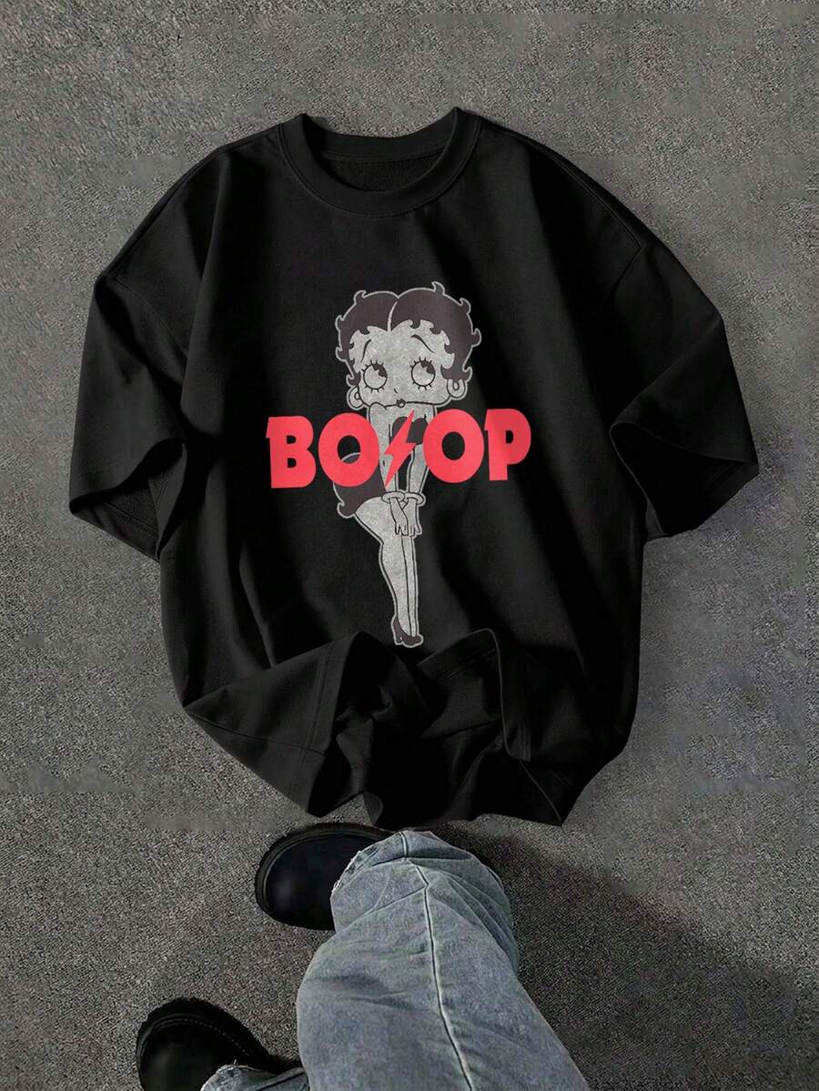 Betty Boop x SHEIN SHEIN EZwear 休閒極簡卡通圖案圓領短袖寬鬆女款T恤,適合夏季 - 黑色 - 查看 1