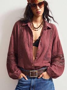 Bohemela 女款蕾絲拼接休閒百搭日常襯衫 - 咖啡棕 - 查看 6