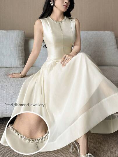 Feyla New High-End Pearl & Rhinestone Embellished Waist-Cinched Slimming Multi-Layer Puff Cake Skirt Elegant Elegant Banquet Vacation Lightweight Formal Dress