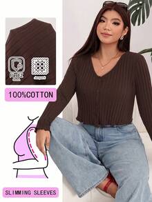 Solflare Chocolate Brown Front Button Cropped Plus Size T-Shirt - Chocolate Brown - View 1